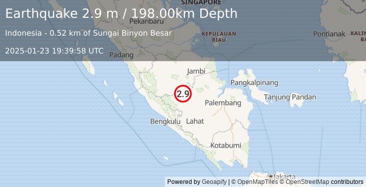 Earthquake SOUTHERN SUMATRA, INDONESIA (2.9 m) (2025-01-23 19:39:58 UTC)