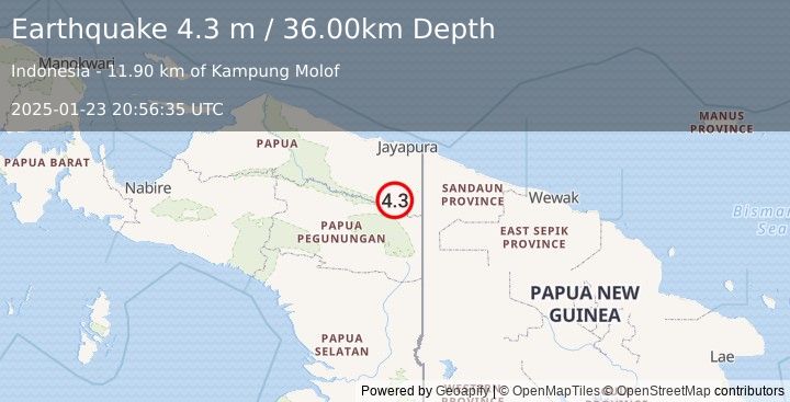 Earthquake PAPUA, INDONESIA (4.3 m) (2025-01-23 20:56:35 UTC)