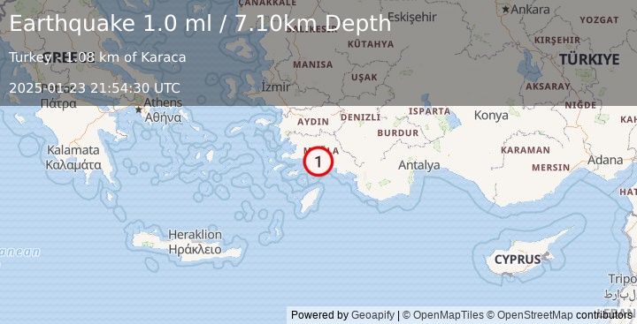 Earthquake DODECANESE IS.-TURKEY BORDER REG (1.0 ml) (2025-01-23 21:54:30 UTC)