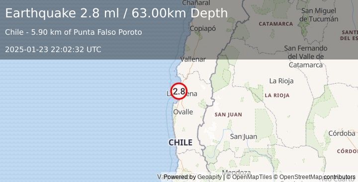 Earthquake OFFSHORE COQUIMBO, CHILE (2.8 ml) (2025-01-23 22:02:32 UTC)