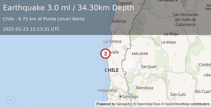 Earthquake OFFSHORE COQUIMBO, CHILE (3.0 ml) (2025-01-23 22:13:31 UTC)