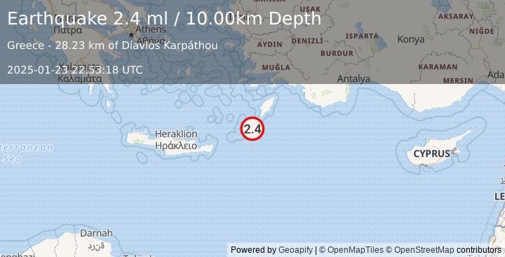 Earthquake DODECANESE ISLANDS, GREECE (2.4 ml) (2025-01-23 22:53:18 UTC)