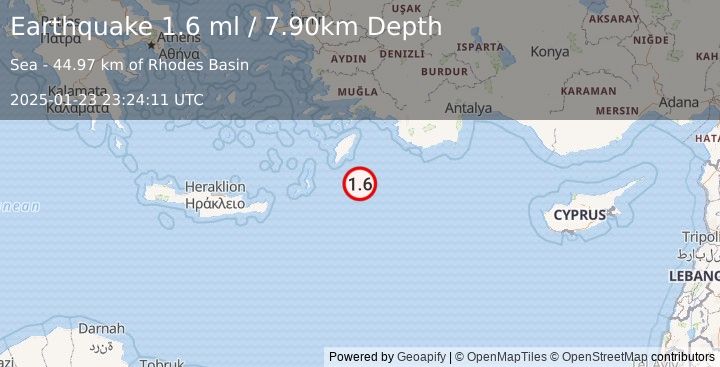 Earthquake EASTERN MEDITERRANEAN SEA (1.6 ml) (2025-01-23 23:24:11 UTC)