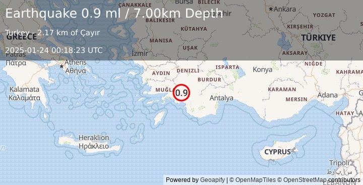 Earthquake WESTERN TURKEY (0.9 ml) (2025-01-24 00:18:23 UTC)