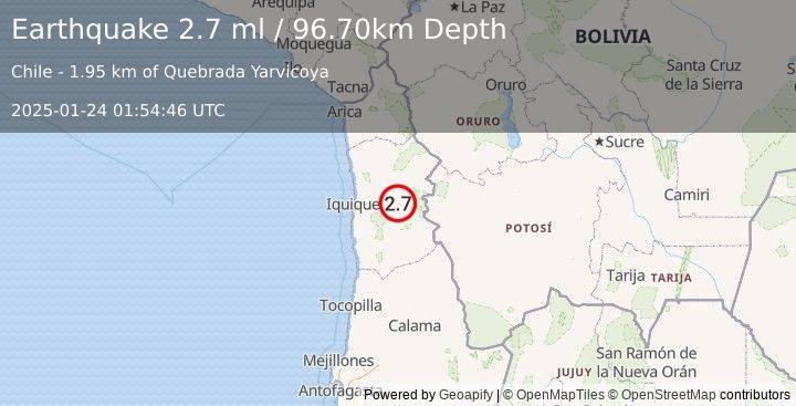 Earthquake TARAPACA, CHILE (2.7 ml) (2025-01-24 01:54:46 UTC)