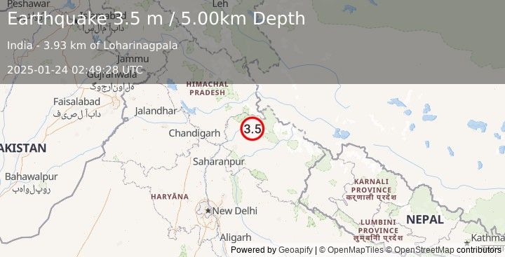 Earthquake UTTARANCHAL, INDIA (3.5 m) (2025-01-24 02:49:28 UTC)