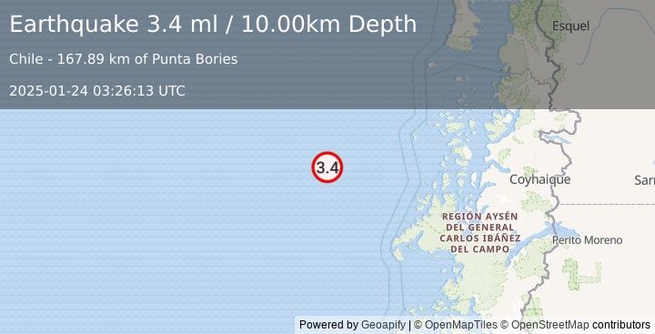 Earthquake OFF COAST OF AISEN, CHILE (3.4 ml) (2025-01-24 03:26:13 UTC)