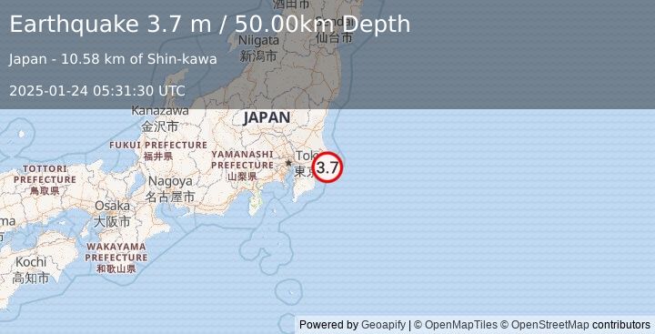 Earthquake NEAR EAST COAST OF HONSHU, JAPAN (3.7 m) (2025-01-24 05:31:30 UTC)