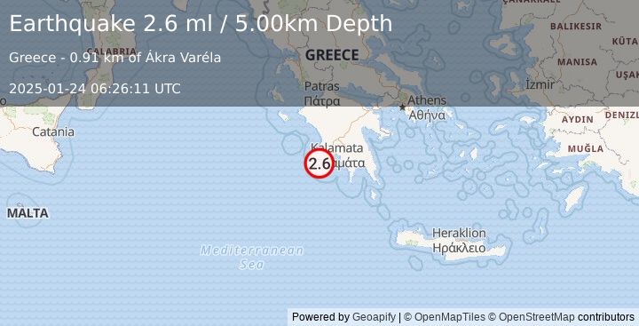 Earthquake SOUTHERN GREECE (2.6 ml) (2025-01-24 06:26:11 UTC)