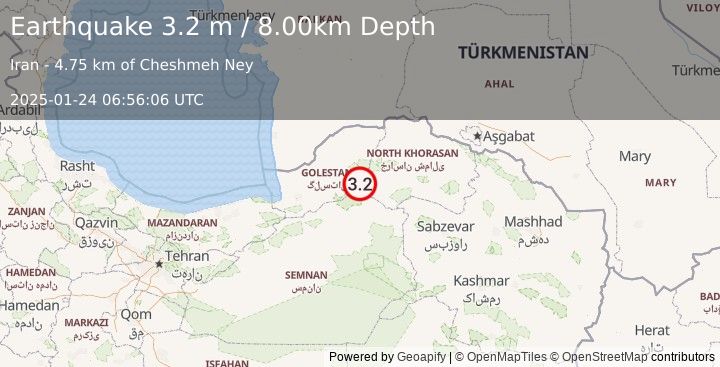 Earthquake NORTHERN IRAN (3.2 m) (2025-01-24 06:56:06 UTC)