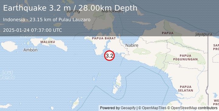 Earthquake NEAR S COAST OF PAPUA, INDONESIA (3.2 m) (2025-01-24 07:37:00 UTC)