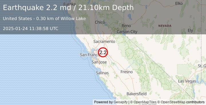 Earthquake NORTHERN CALIFORNIA (2.2 md) (2025-01-24 11:38:58 UTC)