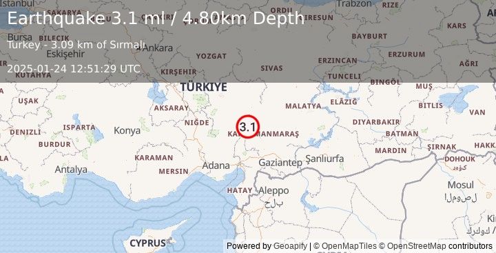 Earthquake CENTRAL TURKEY (3.1 ml) (2025-01-24 12:51:29 UTC)