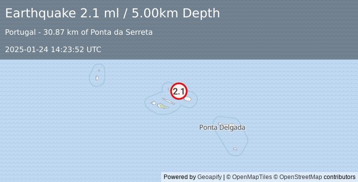 Earthquake AZORES ISLANDS, PORTUGAL (2.1 ml) (2025-01-24 14:23:52 UTC)