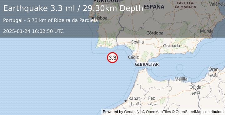 Earthquake STRAIT OF GIBRALTAR (3.7 ml) (2025-01-24 16:02:48 UTC)