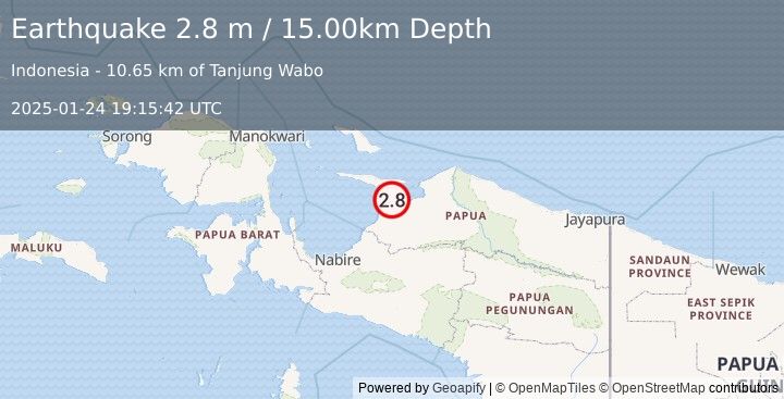 Earthquake NEAR N COAST OF PAPUA, INDONESIA (2.8 m) (2025-01-24 19:15:42 UTC)