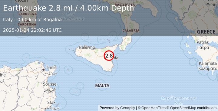 Earthquake SICILY, ITALY (2.8 ml) (2025-01-24 22:02:46 UTC)