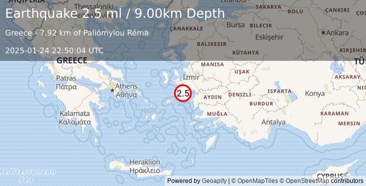 Earthquake DODECANESE ISLANDS, GREECE (2.5 ml) (2025-01-24 22:50:04 UTC)