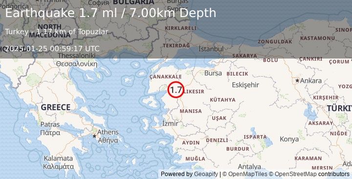 Earthquake WESTERN TURKEY (1.7 ml) (2025-01-25 00:59:17 UTC)