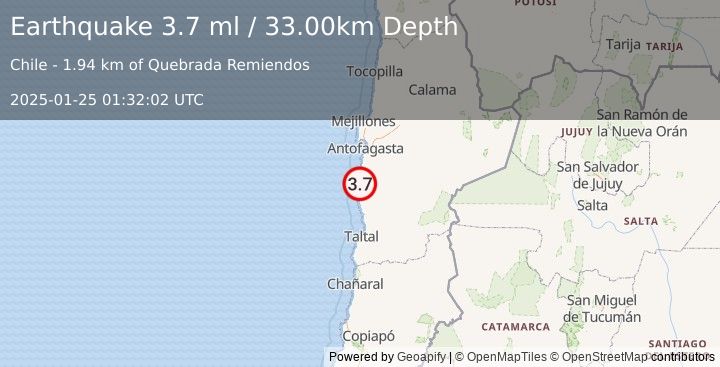 Earthquake ANTOFAGASTA, CHILE (3.3 ml) (2025-01-25 01:32:01 UTC)