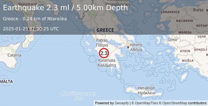 Earthquake SOUTHERN GREECE (2.3 ml) (2025-01-25 02:00:25 UTC)