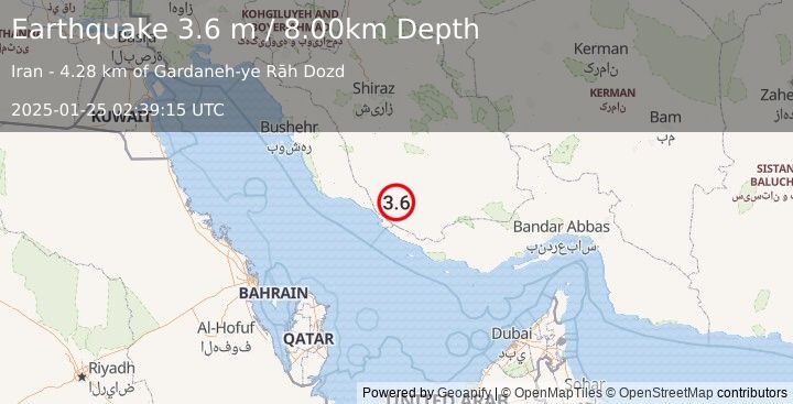 Earthquake SOUTHERN IRAN (3.6 m) (2025-01-25 02:39:15 UTC)