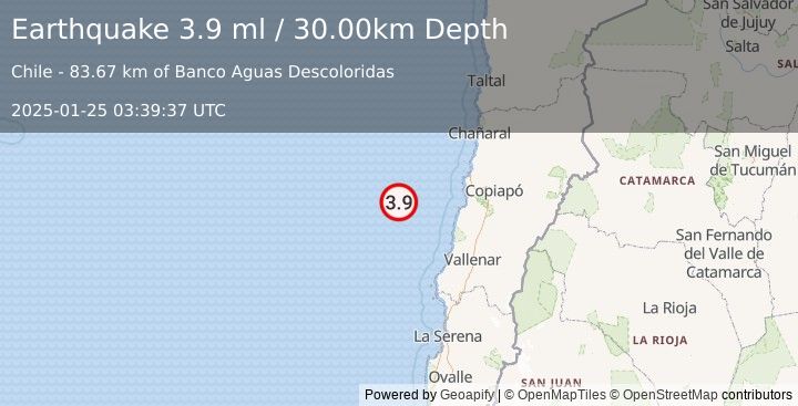 Earthquake OFF COAST OF ATACAMA, CHILE (3.9 ml) (2025-01-25 03:39:37 UTC)