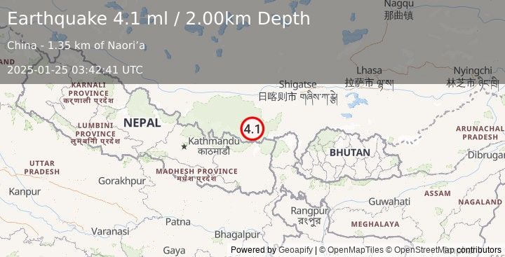 Earthquake WESTERN XIZANG (4.1 ml) (2025-01-25 03:42:41 UTC)