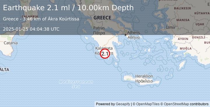 Earthquake SOUTHERN GREECE (2.1 ml) (2025-01-25 04:04:38 UTC)