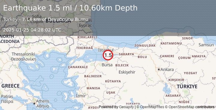 Earthquake WESTERN TURKEY (1.5 ml) (2025-01-25 04:28:02 UTC)