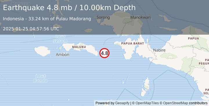 Earthquake CERAM SEA, INDONESIA (4.8 mb) (2025-01-25 04:57:56 UTC)