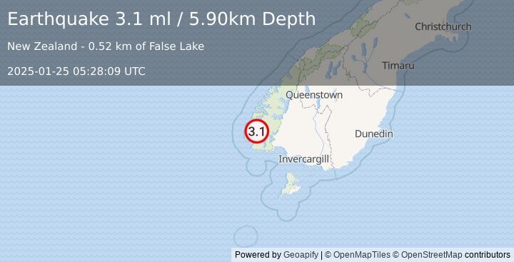 Earthquake OFF W. COAST OF S. ISLAND, N.Z. (3.1 ml) (2025-01-25 05:28:09 UTC)