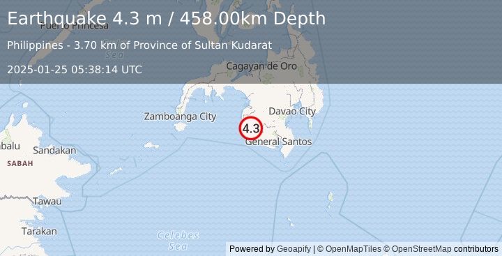 Earthquake MINDANAO, PHILIPPINES (4.3 m) (2025-01-25 05:38:14 UTC)