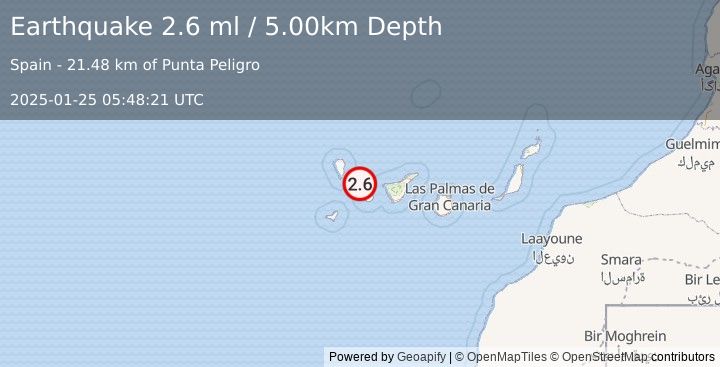 Earthquake CANARY ISLANDS, SPAIN REGION (2.6 ml) (2025-01-25 05:48:21 UTC)