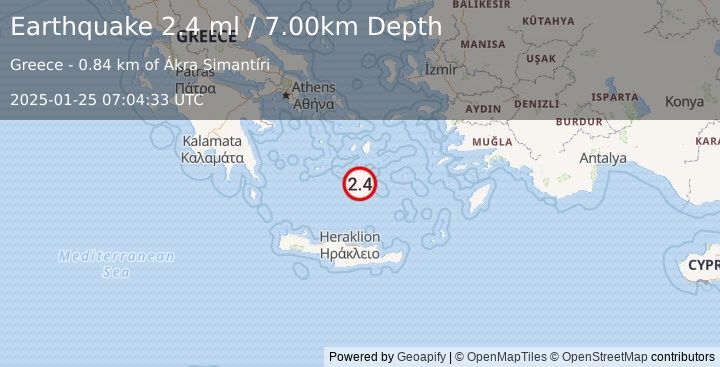 Earthquake DODECANESE ISLANDS, GREECE (2.4 ml) (2025-01-25 07:04:33 UTC)