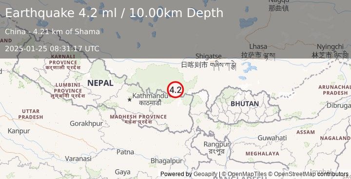 Earthquake WESTERN XIZANG (4.2 ml) (2025-01-25 08:31:17 UTC)