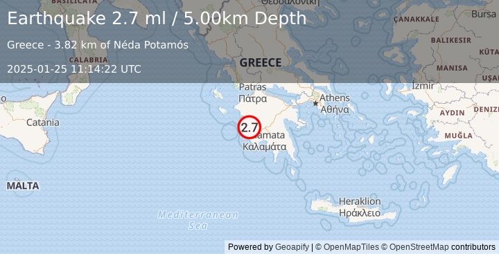 Earthquake SOUTHERN GREECE (2.7 ml) (2025-01-25 11:14:22 UTC)