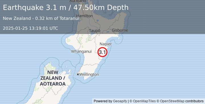 Earthquake NORTH ISLAND OF NEW ZEALAND (3.1 m) (2025-01-25 13:19:01 UTC)