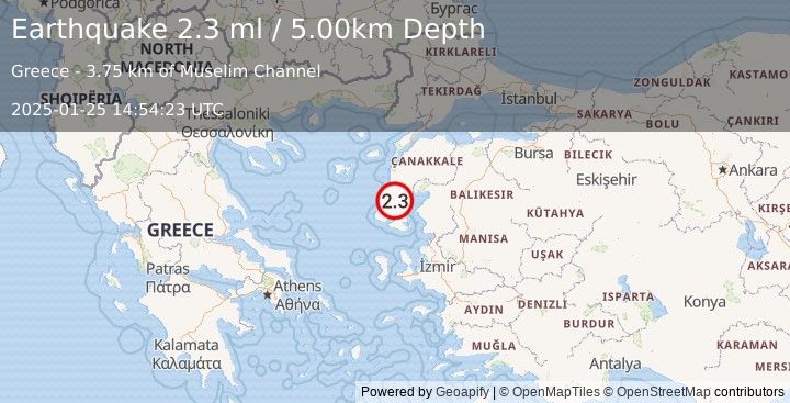 Earthquake NEAR THE COAST OF WESTERN TURKEY (2.3 ml) (2025-01-25 14:54:23 UTC)