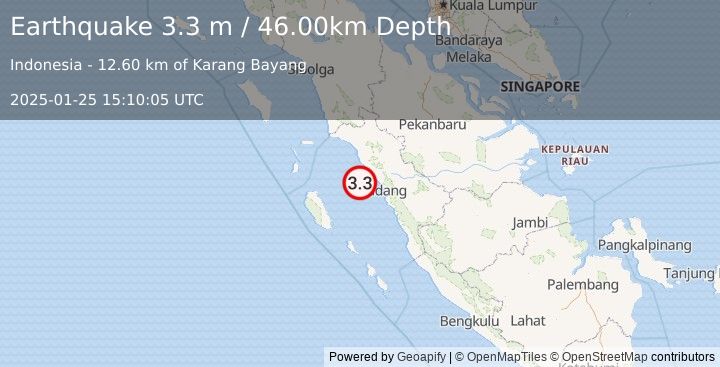 Earthquake SOUTHERN SUMATRA, INDONESIA (3.3 m) (2025-01-25 15:10:05 UTC)