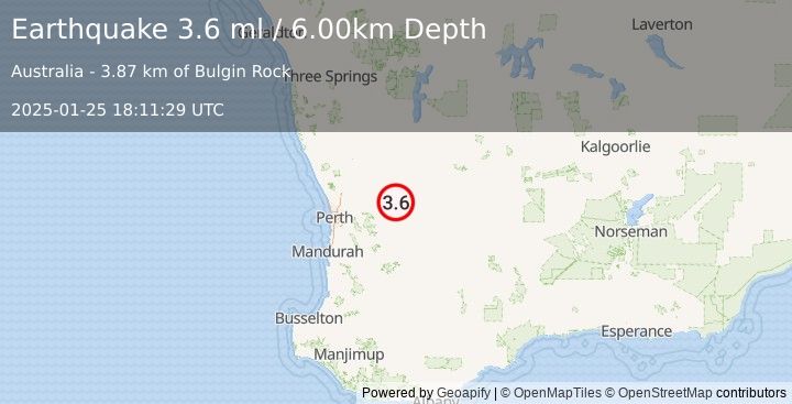 Earthquake WESTERN AUSTRALIA (3.6 ml) (2025-01-25 18:11:29 UTC)