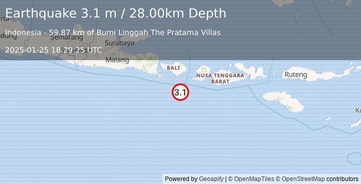 Earthquake SOUTH OF BALI, INDONESIA (3.1 m) (2025-01-25 18:29:25 UTC)