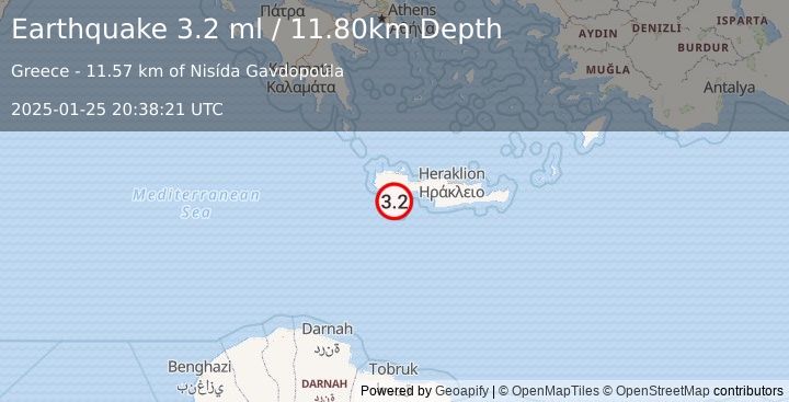 Earthquake CRETE, GREECE (3.3 ml) (2025-01-25 20:38:20 UTC)