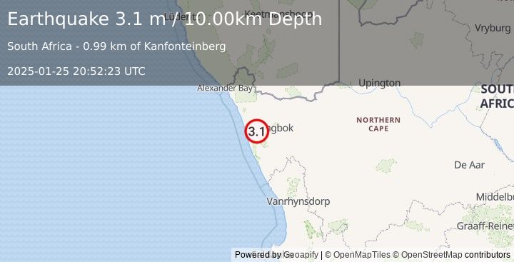 Earthquake SOUTH AFRICA (3.1 m) (2025-01-25 20:52:23 UTC)