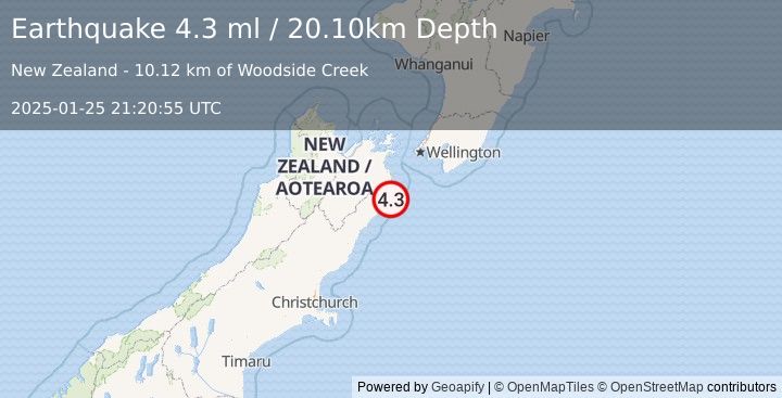 Earthquake OFF E. COAST OF S. ISLAND, N.Z. (4.3 ml) (2025-01-25 21:20:55 UTC)