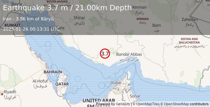 Earthquake SOUTHERN IRAN (3.7 m) (2025-01-26 00:13:31 UTC)