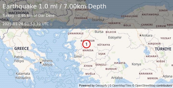 Earthquake WESTERN TURKEY (1.0 ml) (2025-01-26 01:53:39 UTC)