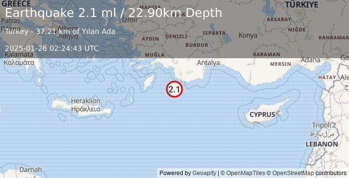 Earthquake EASTERN MEDITERRANEAN SEA (2.1 ml) (2025-01-26 02:24:43 UTC)