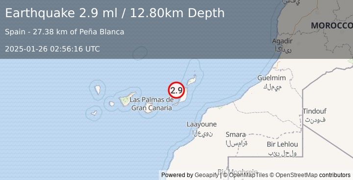 Earthquake CANARY ISLANDS, SPAIN REGION (2.9 ml) (2025-01-26 02:56:16 UTC)