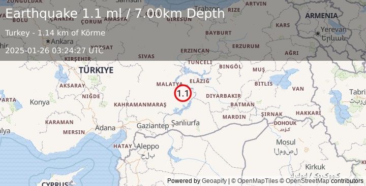 Earthquake EASTERN TURKEY (1.1 ml) (2025-01-26 03:24:27 UTC)